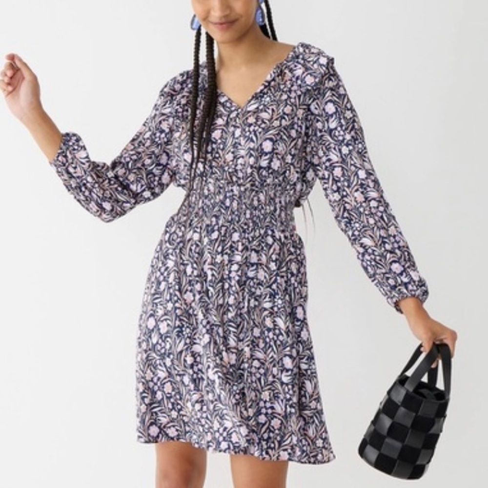 NWT J. Crew V-neck Smocked Waist Ruffled Neck Dress in Floral Fields Size XXL